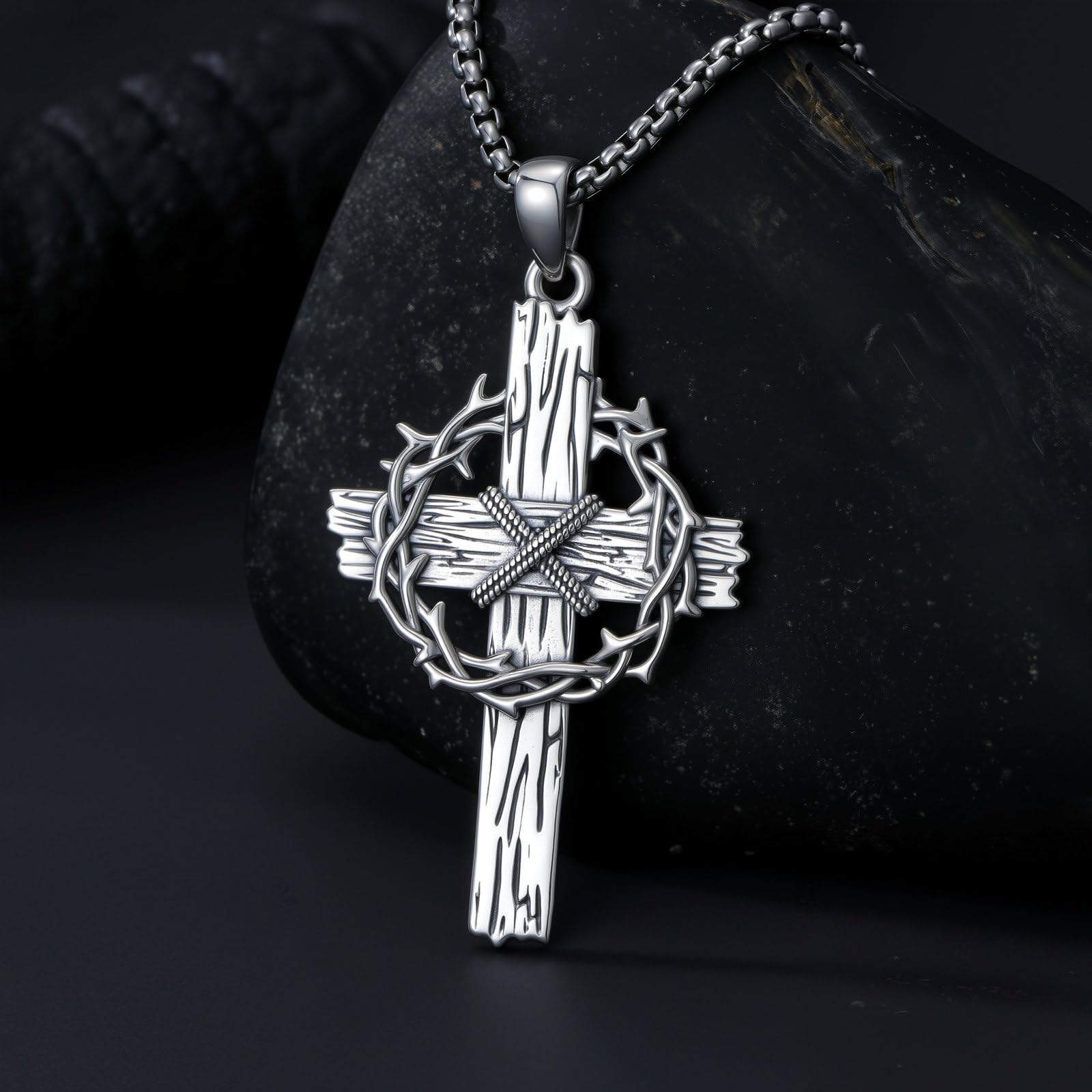 Kreuz-Halskette mit Josua 1:9, 925er Sterlingsilber, Dornenkrone Kreuz-Anhänger, Schmuck für Herren, inkl. Edelstahl-Kette 55 cm + 5 cm Verlängerung