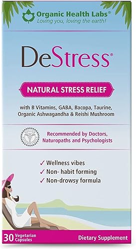 DeStress Cápsulas totalmente naturales, sin somnolencia con vitaminas B, magnesio, Ashwagandha y L-teanina, 30 cápsulas vegetales - Organic Health