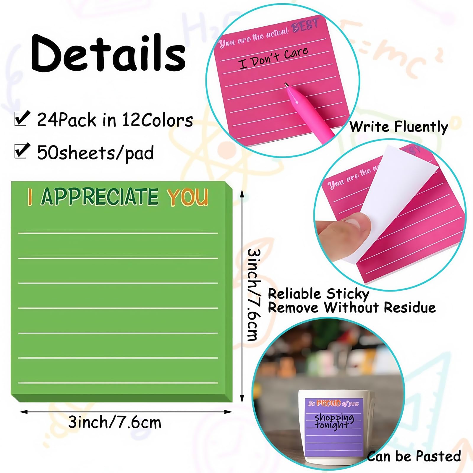 Wonninek 24Pcs Sticky Note with Lines Square 50 Sheets/Pad - Image 2