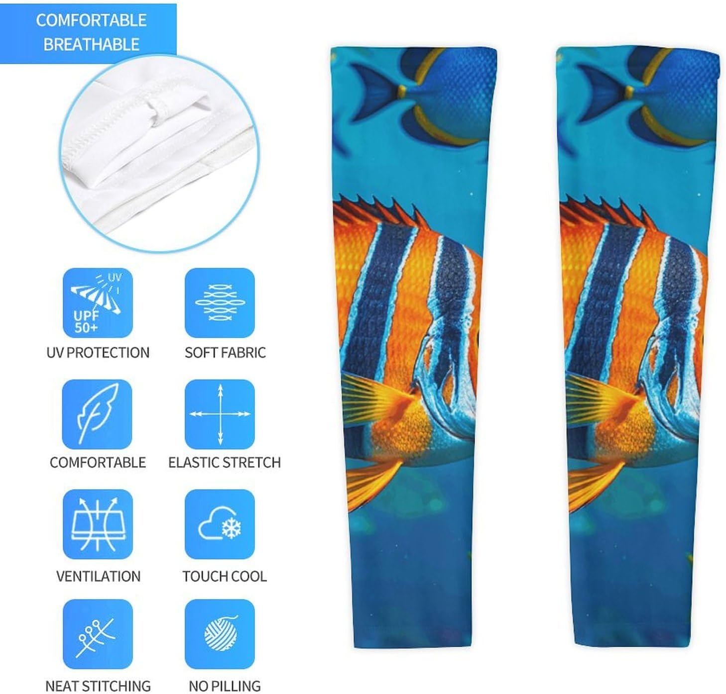 UV Sun Protection Cooling Arm Sleeves XX-Large (xx_l), Compression, Soft | Fishes Arm Covers for Sport, Breathable, Tattoo Cover Up, Portable Arm Brace for Women Men