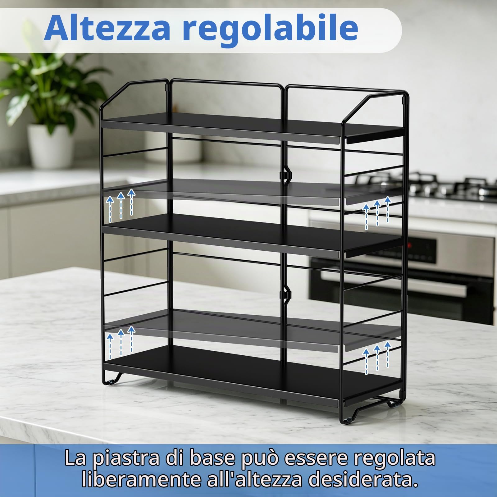 Porta Spezie a 3 Ripianii, Porta Spezie Per Cucina, Nero | Scaffale da Cucina a 3 Ripiani, Design regolabile in altezza, Metallo di alta qualità, per Cucina, Sala da Pranzo, Ufficio