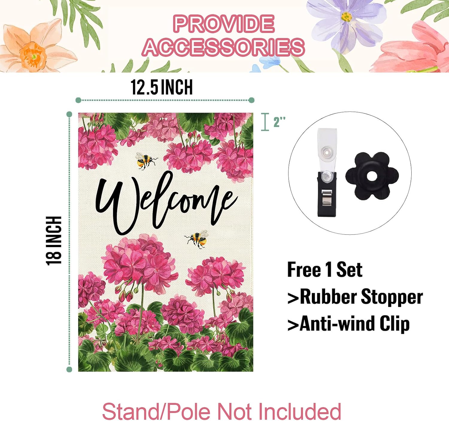Baccessor Spring Summer Geranium Welcome Garden Flag Double Sided Burlap with Clip and Stopper,Pink Floral Bee Flag Seasonal Farmhouse Front Entry Yard Lawn Outside Outdoor Decoration 12.5 x 18 Inch image 4