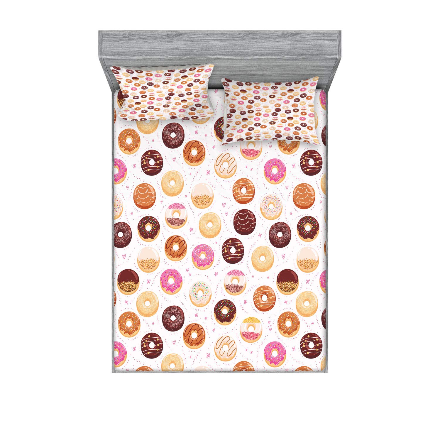 Ambesonne Food Fitted Sheet & Pillow Sham Set, Donuts and Little Hearts Pattern Colorful Yummy Delicious Desserts Print, Decorative Printed 3 Piece Bedding Decor Set, King, Pink Brown