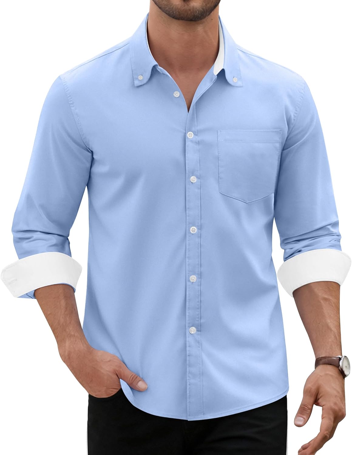 Alimens & Gentle Men's Oxford Shirt Long Sleeve Button Down Shirt Casual Stretch Wedding Dress Shirt with Pocket