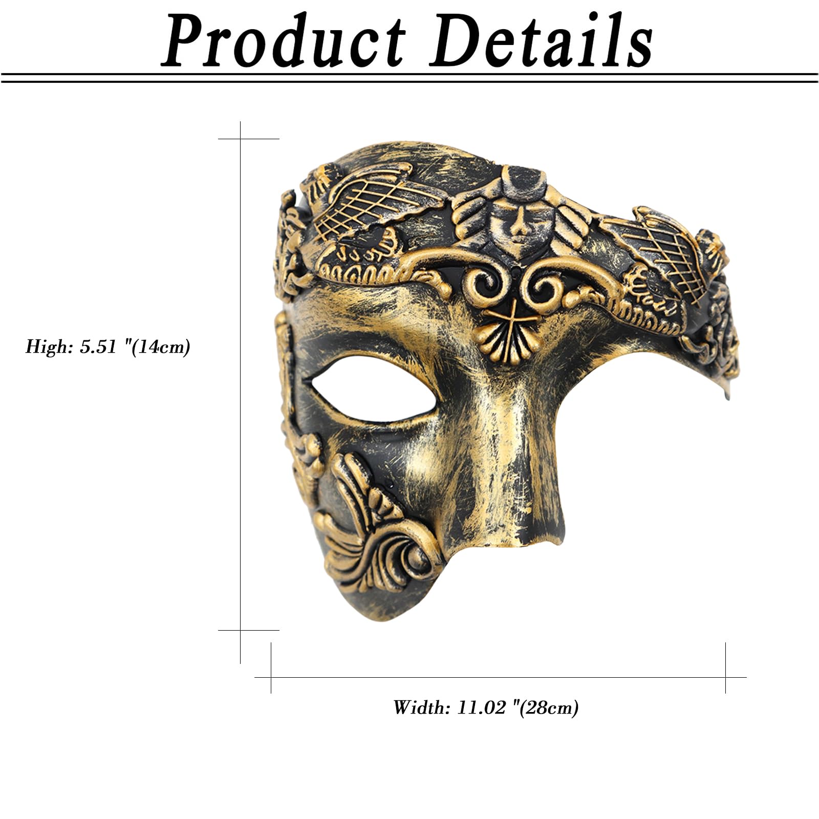 Oidea Masquerade Mask for Men: One Eyed Half Face Greek Roman Warrior Masks Vintage Phantom Of The Opera Mask Halloween Venetian Mardi Gras Costume Prom Party Masks Gold - Image 3
