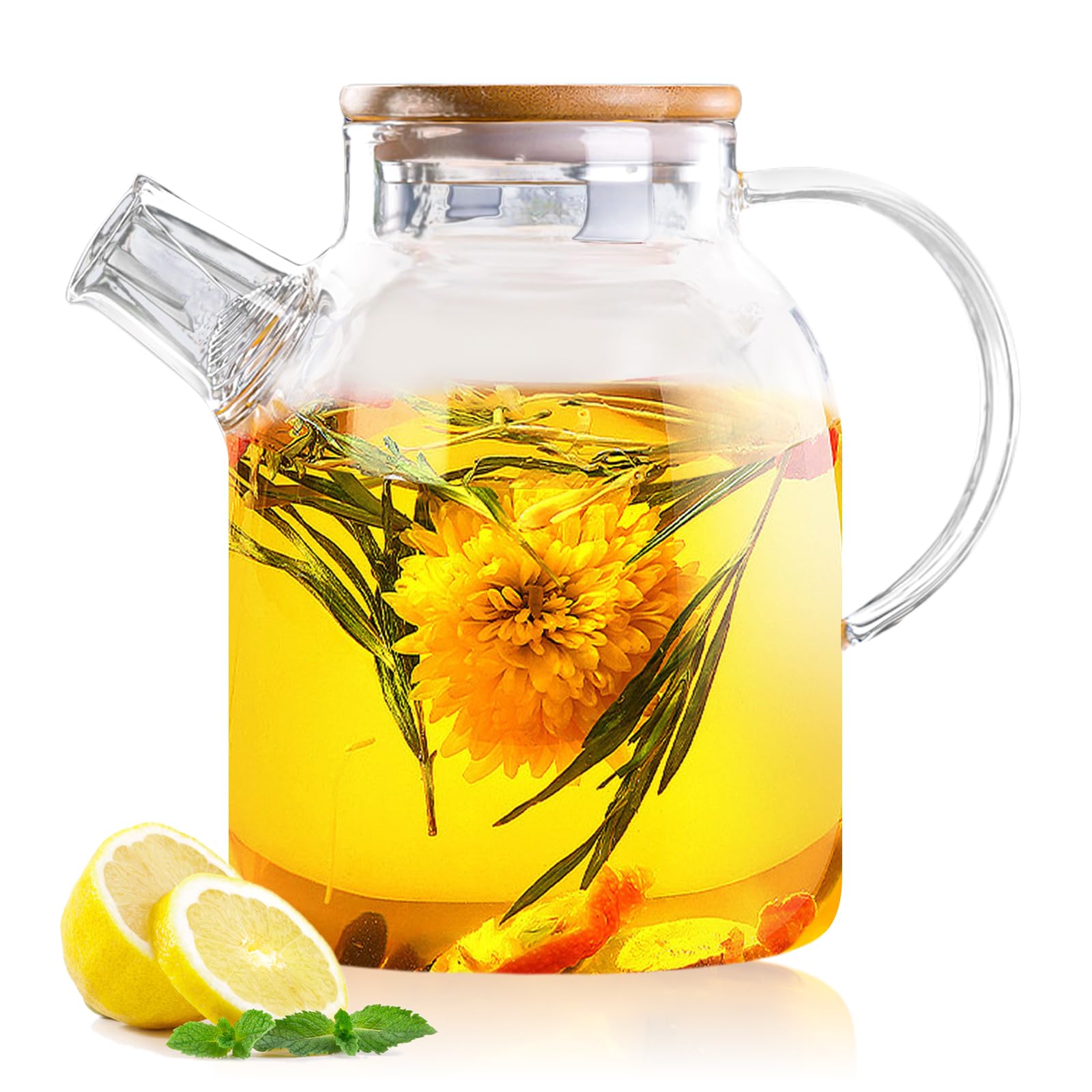 Dzbanek do herbaty z drewnianą pokrywką, 1800 ml, ze szkła borokrzemowego, wytrzymały, odporny na wysokie temperatury, przezroczysty dzbanek do herbaty z sitkiem, nowoczesny, gruby szklany zaparzacz