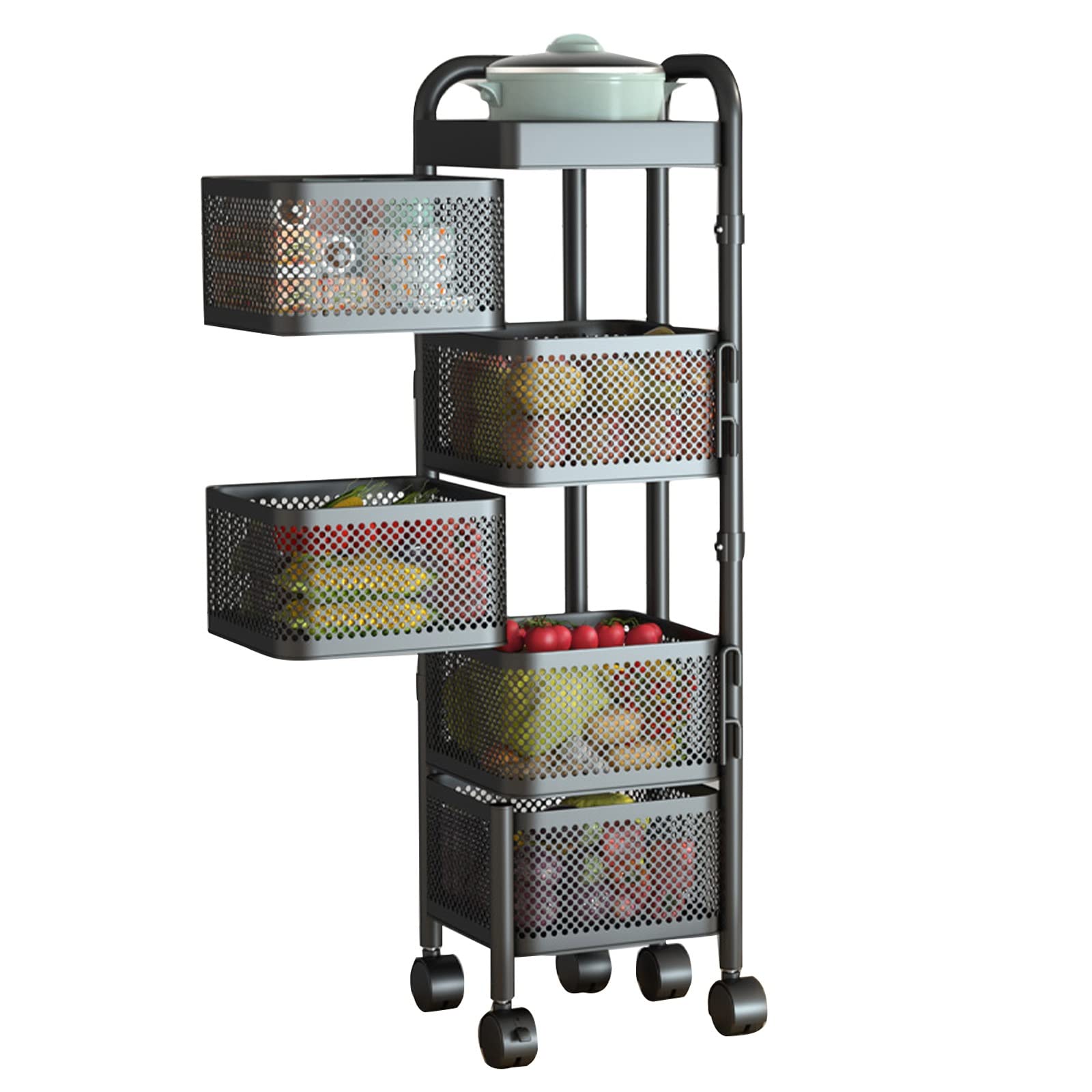 Carrello Porta Frutta e Verdura a 5 Ripiani Quadrati in Metallo con Ruote, Colore Nero, in Acciaio al Carbonio, Ideale per cipolle, Patate e Snack.