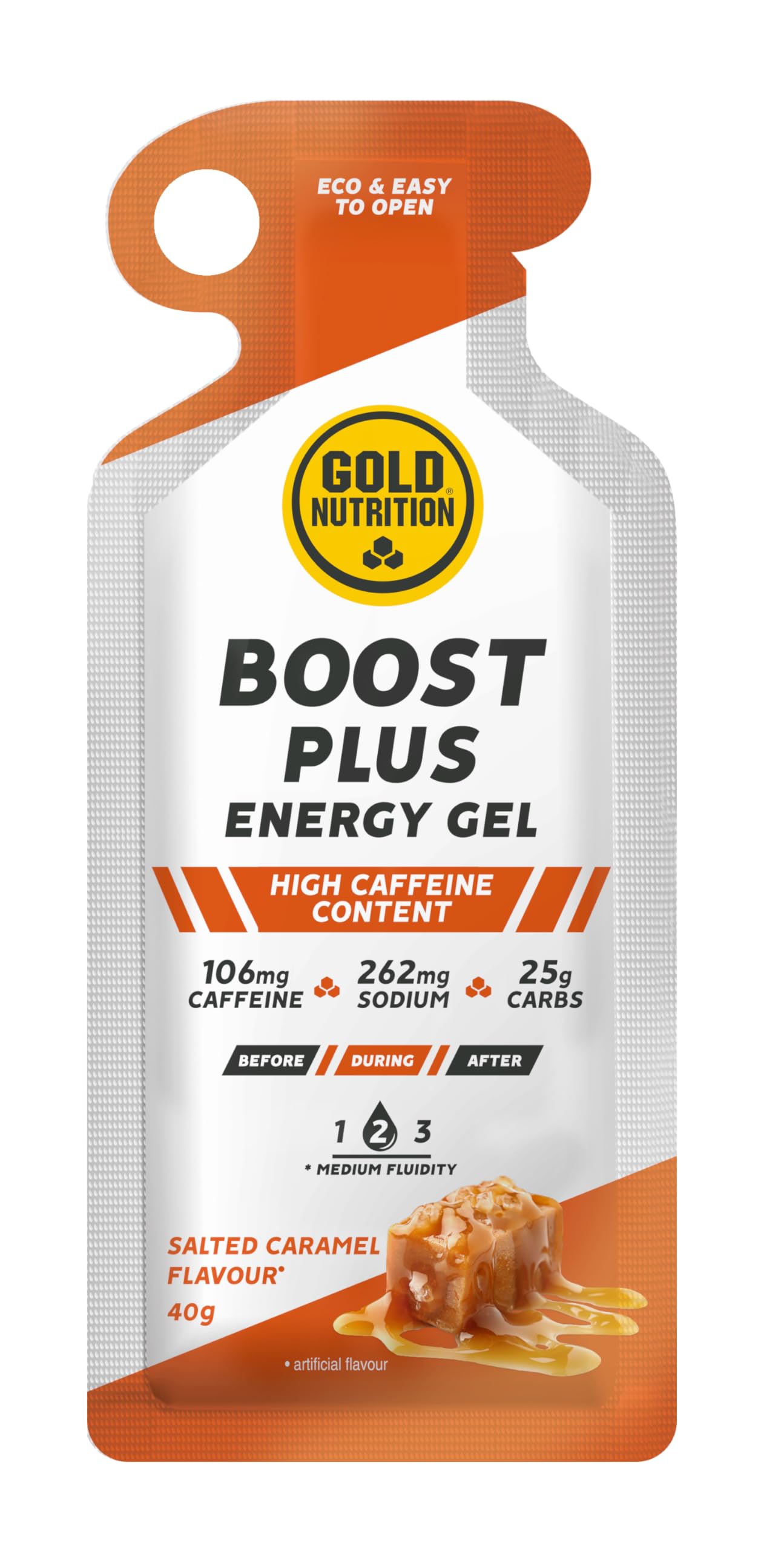 GOLDNUTRITION BOOST ENERGY GEL 40g (CAJA 16 UNIDADES) | GEL ENERGÉTICO CON 107 MG DE CAFEÍNA Y 25 GRAMOS DE CARBOHIDRATOS| IDEAL PARA DEPORTES DE RESISTENCIA (CARAMELO SALADO)