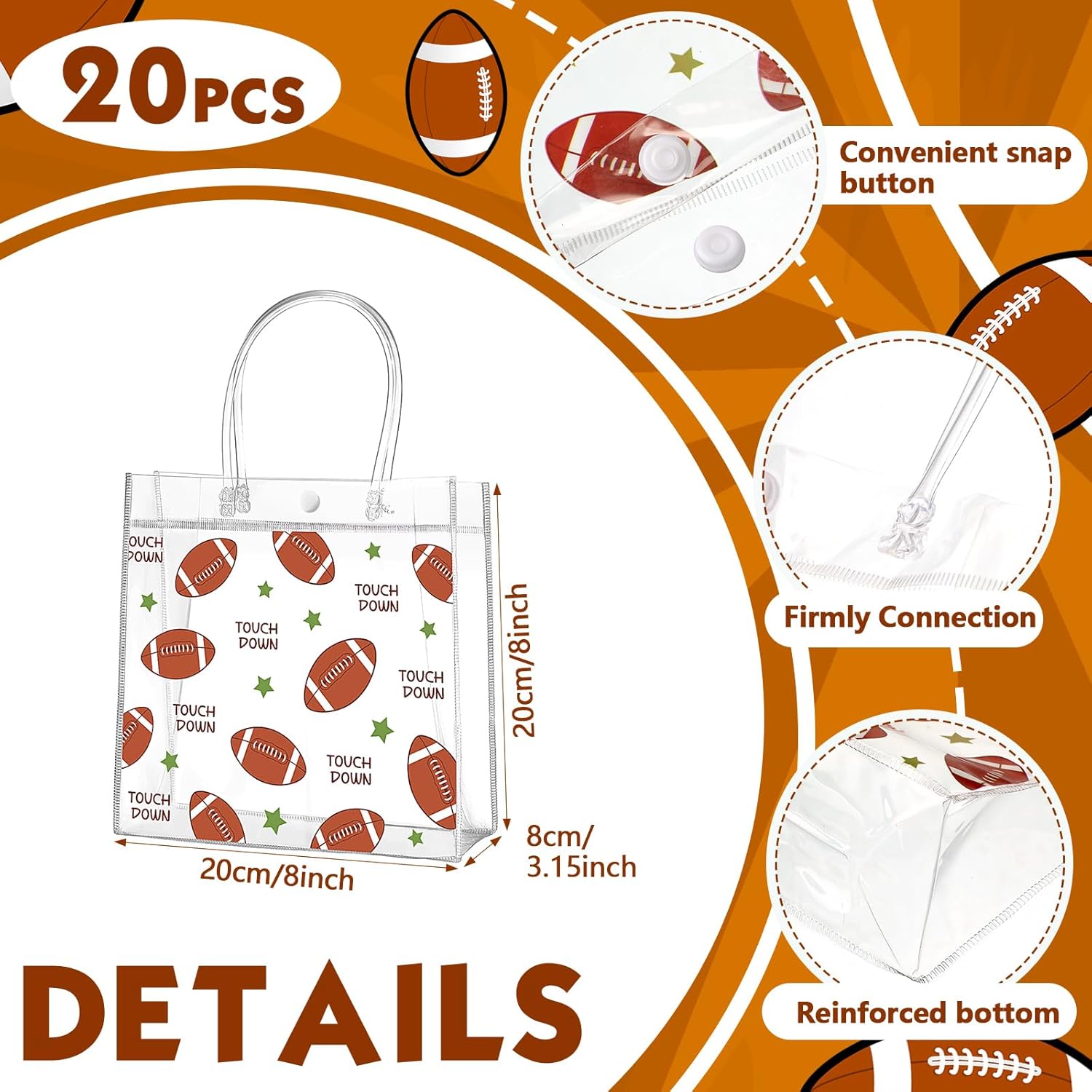 Aliceset 20 Pcs Football Goodie Bags with Handles PVC Clear Football Party Snack Bag for Team Birthday Sport Favor, 8 x 8 x 3.15'' - Image 2