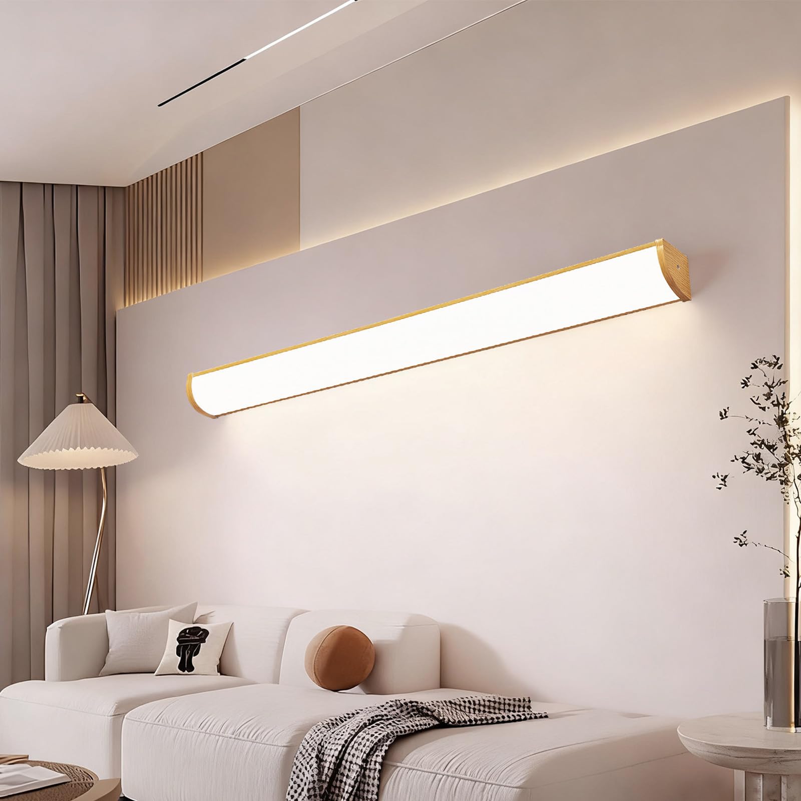 LED Innen Wandleuchten mit Fernbedienung Dimmbare Wandbeleuchtung Spiegelleuchte Modern Lange Aluminium Wasserdicht Wandleuchte Wohnzimmer Schlafzimmer Badezimmer Flur (Holzmaserung,120cm)
