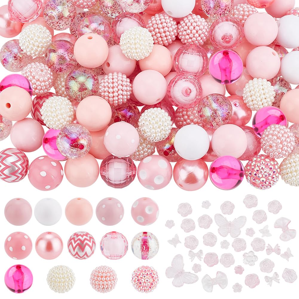 PH PandaHall 110pcs 20mm Valentine Bubblegum Beads 16 Styles Chunk Bead 30g Pink Flower Butterfly Beads Acrylic Large Loose Bead for Garland Jewelry