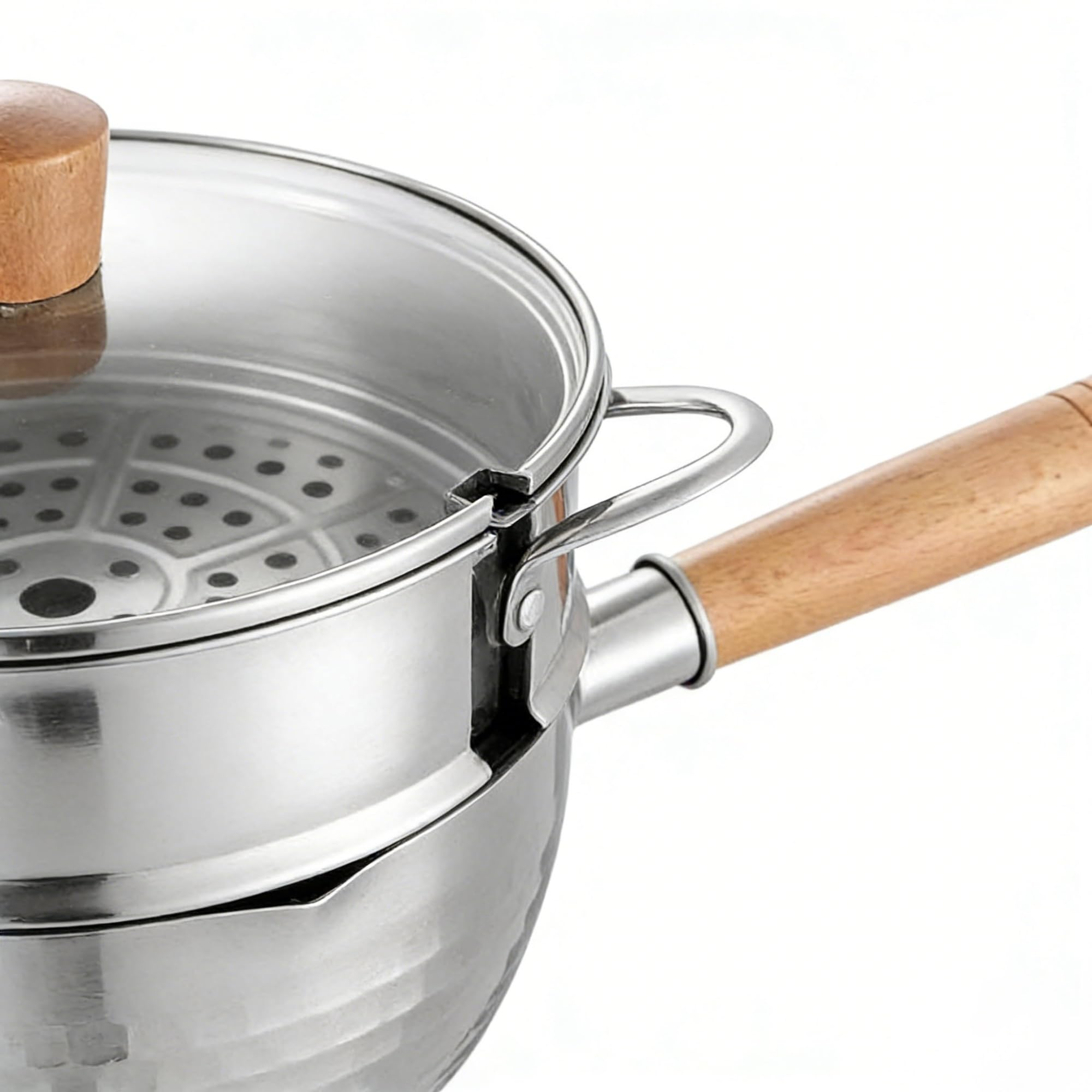 Olla de nieve de acero inoxidable 304 con cesta de y tapa de cristal, superficie ondulada, mango de madera, doble pico, compatible con cocinas de gas, eléctricas y de inducción