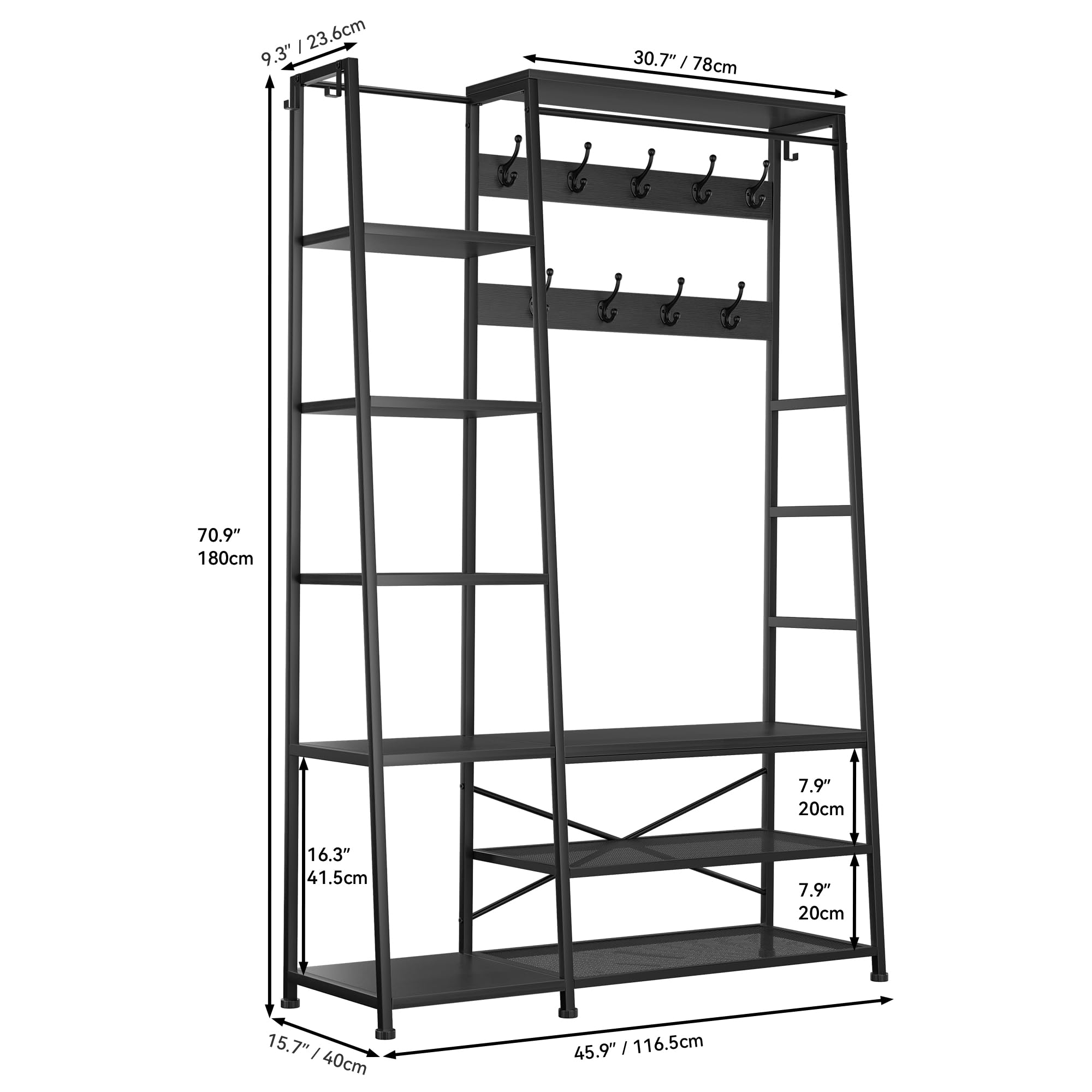 YITAHOME Kapstok standaard met schoenenopslag, staande hal boom met bank en 2 opvouwbare laden, industriële kapstok met 8 haken voor hal woonkamer slaapkamer, metalen frame, wit