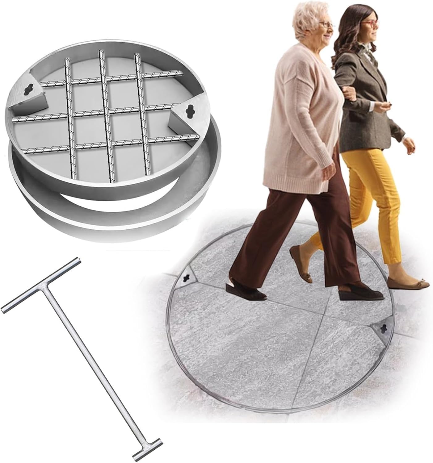 Niewidoczna osłona włazu wpuszczanego 94 cm - stal nierdzewna 304, trwała okrągła osłona dostępu do ogrodów na zewnątrz, chodników i dróg, wytrzymała konstrukcja nośna