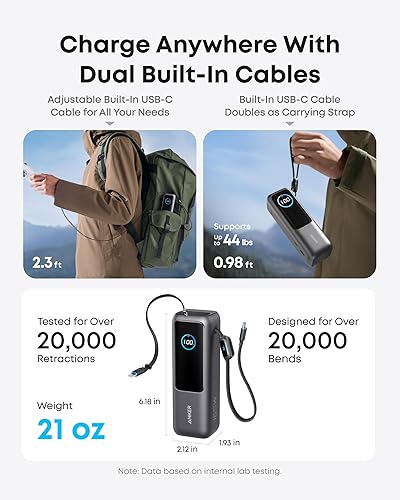 Miniatura 3 de Anker Banco de energía para laptop, cargador portátil de 25,000 mAh con puertos USB-C triples de 100 W, cables integrados y retráctiles, para iPhone