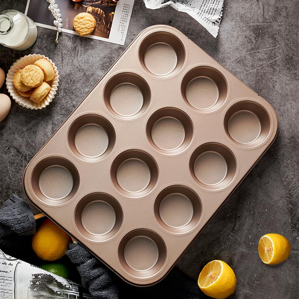 Molde para magdalenas para hornear, molde antiadherente para magdalenas, 12 tazas, paquete de 2 bandejas para tartas, moldes para tartas de queso de primera calidad, color dorado