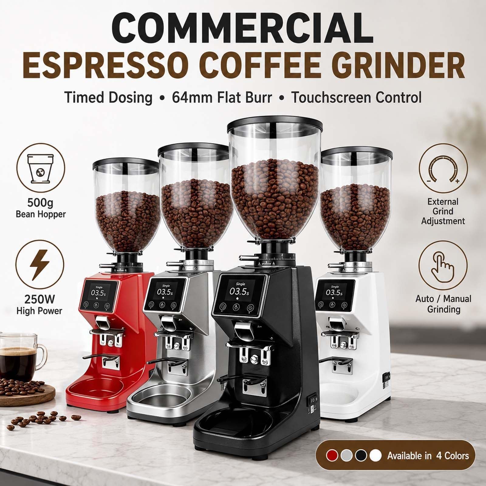 Molinillo de 64 MM con Muelas Planas y Pantalla TáCtil de Molienda Silver | Para espresso, vertido manual y prensa francesa, ajuste externo por pasos, depósito de 500 g de granos