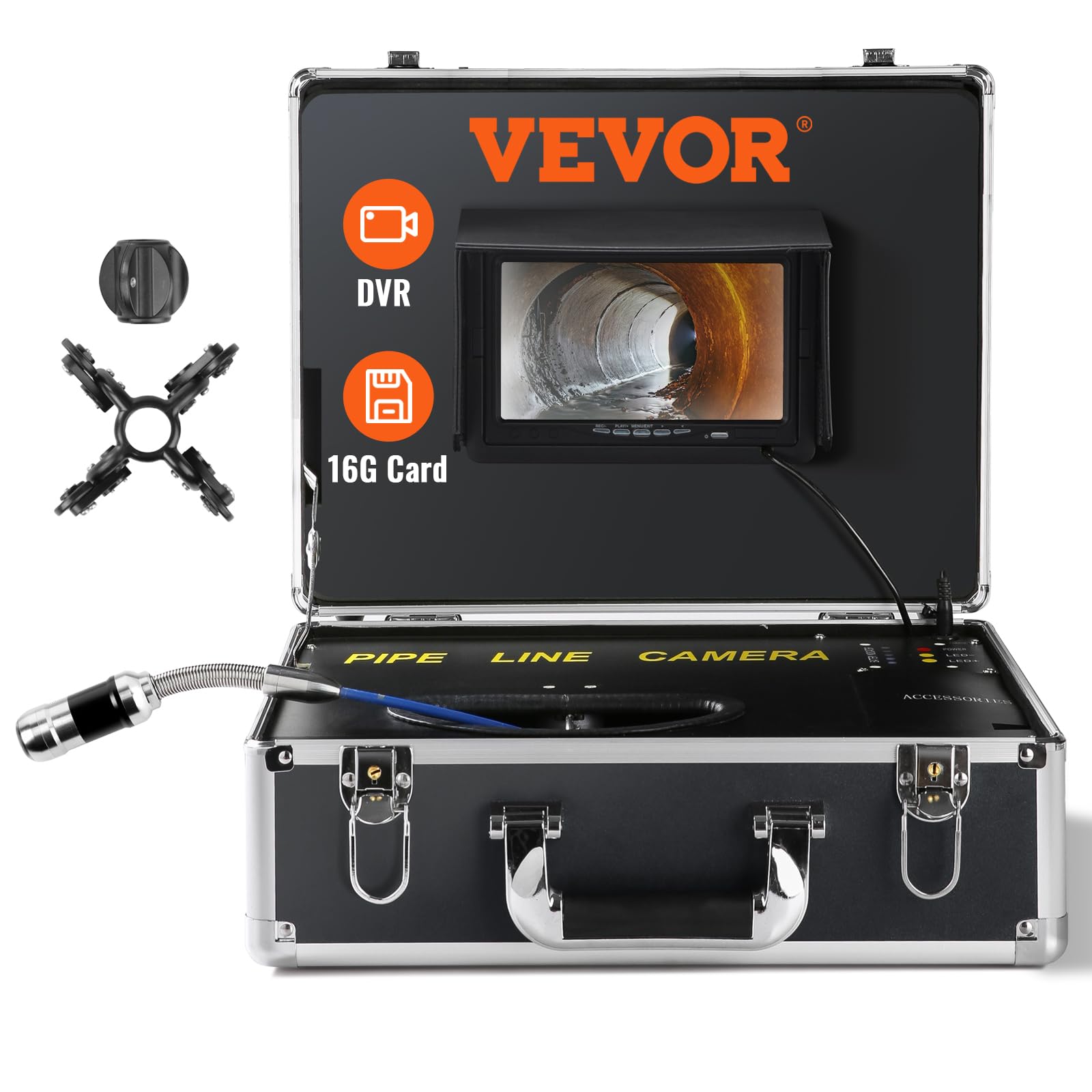 VEVOR Telecamera per Ispezione Tubi 50 m Endoscopio per Scarichi con Schermo da 7'', Funzione DVR, Impermeabile IP68, 12 LED Orientabili, Scheda SD 16 GB, Cavo Semirigido per Condutture, Fognature