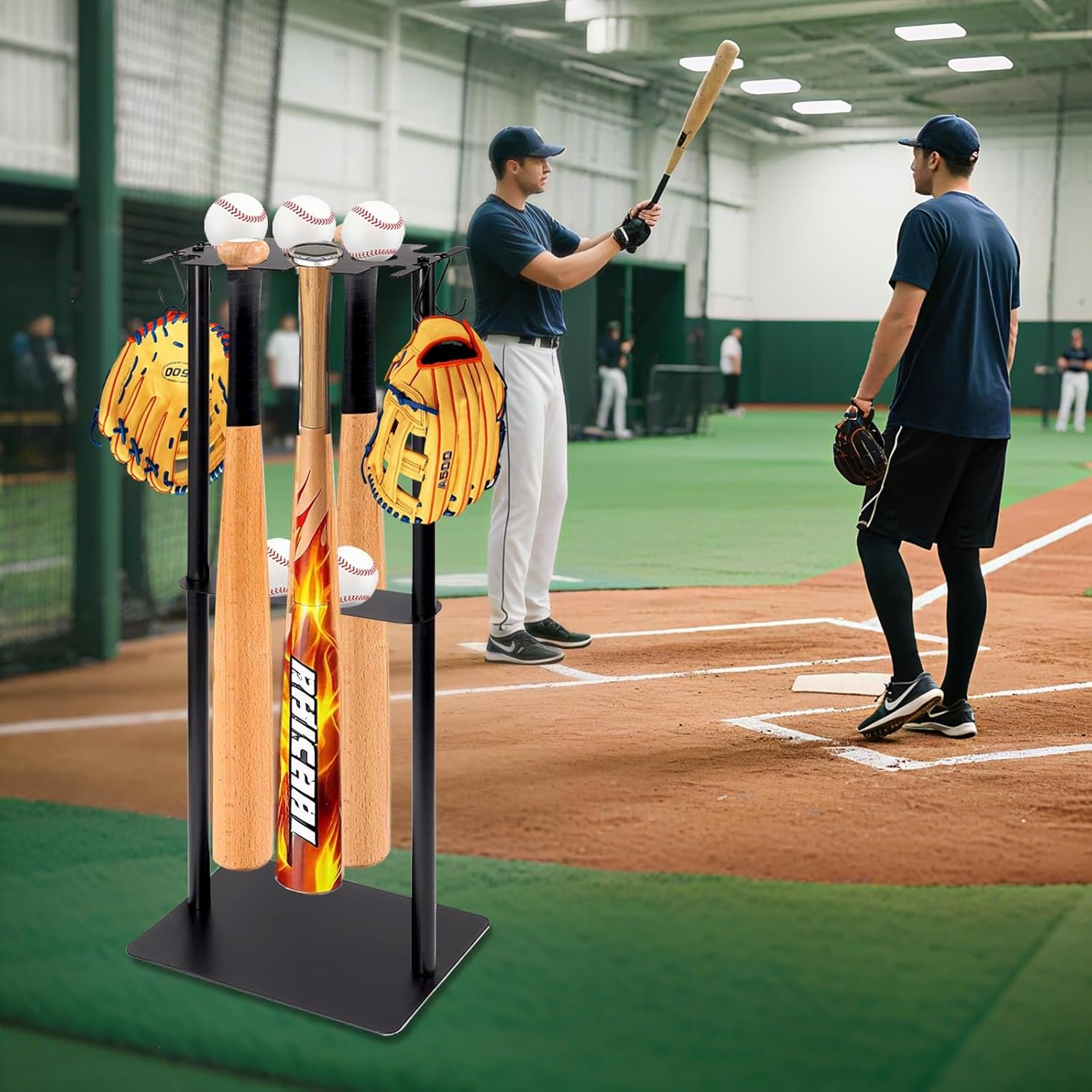 Baseball Bat Holder Stand, Free Standing Bat Rack for 8 Bats & 5 Balls, No Drill Softball Bat Organizer with 4 Hooks for Gloves, Sturdy Metal Display Stand for Home Team Dugout, Black