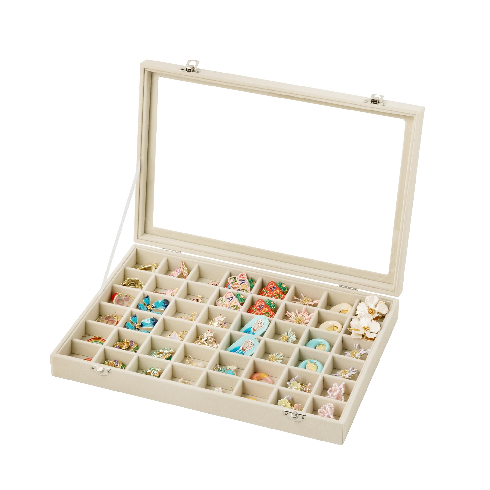 Frebeauty 48 Grid Jewelry Tray Adjustable Earring Holder Organizer with Glass Lid Velvet Drawer Jewelry Organizer for Rings