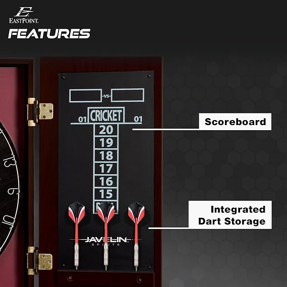 EastPoint Sports Official Size Dart Board Cabinet Set- Easy-Assembly & Complete with 6 Deluxe Steel Tip Darts and Accessories -Premium Darts Set with Scoreboard for Bar Games & Indoor Games
