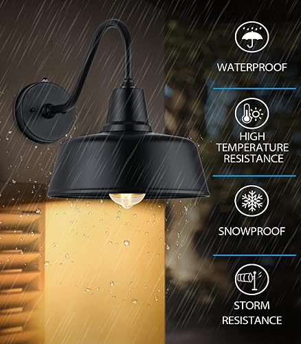 Miniatura 2 de JOESA 1 lámpara de exterior del atardecer al amanecer una luz grande y clásica de granero con acabado de arena negra y forma de cuello de cisne.