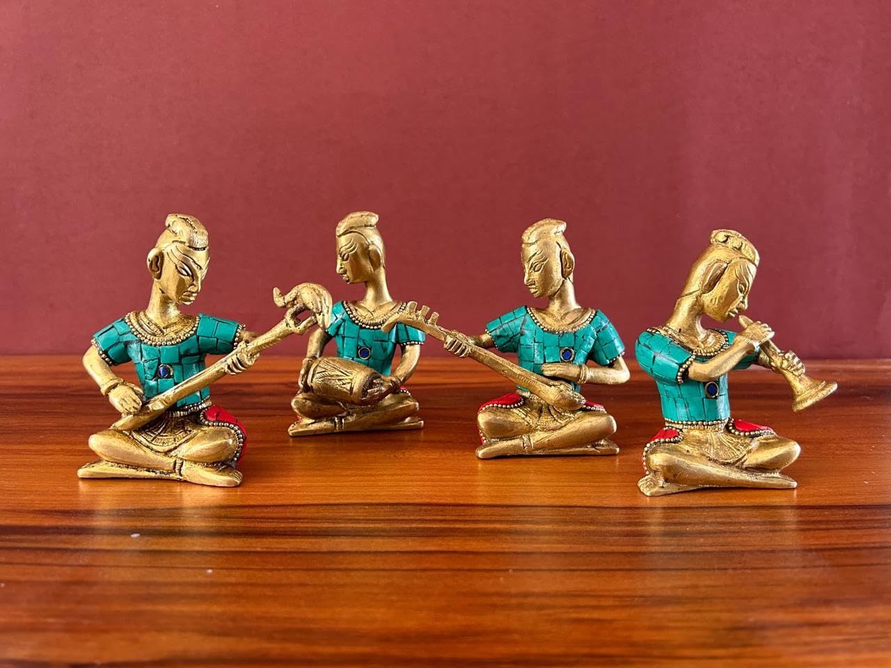 Joyful - Set musicale in ottone con lavorazione in pietra, 4 pezzi, collezione di idoli musicisti per matrimonio, regalo di nozze, set musicista in ottone, 11,4 cm, decorazione per la casa