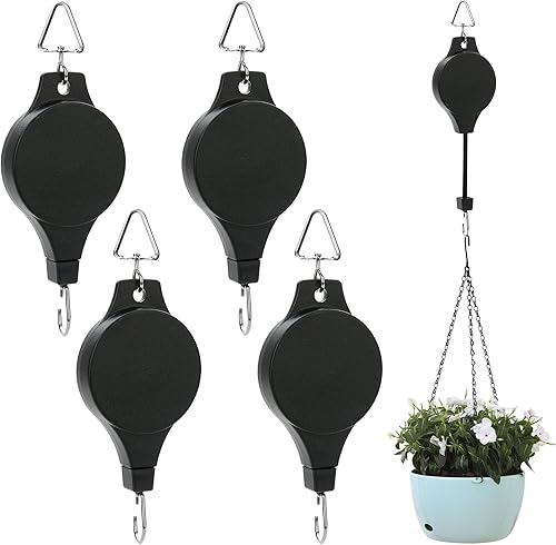 Paquete de 4 colgadores retráctiles para plantas, gancho para poleas de plantas, altura ajustable, gancho para colgar en la rueda, gancho de fácil