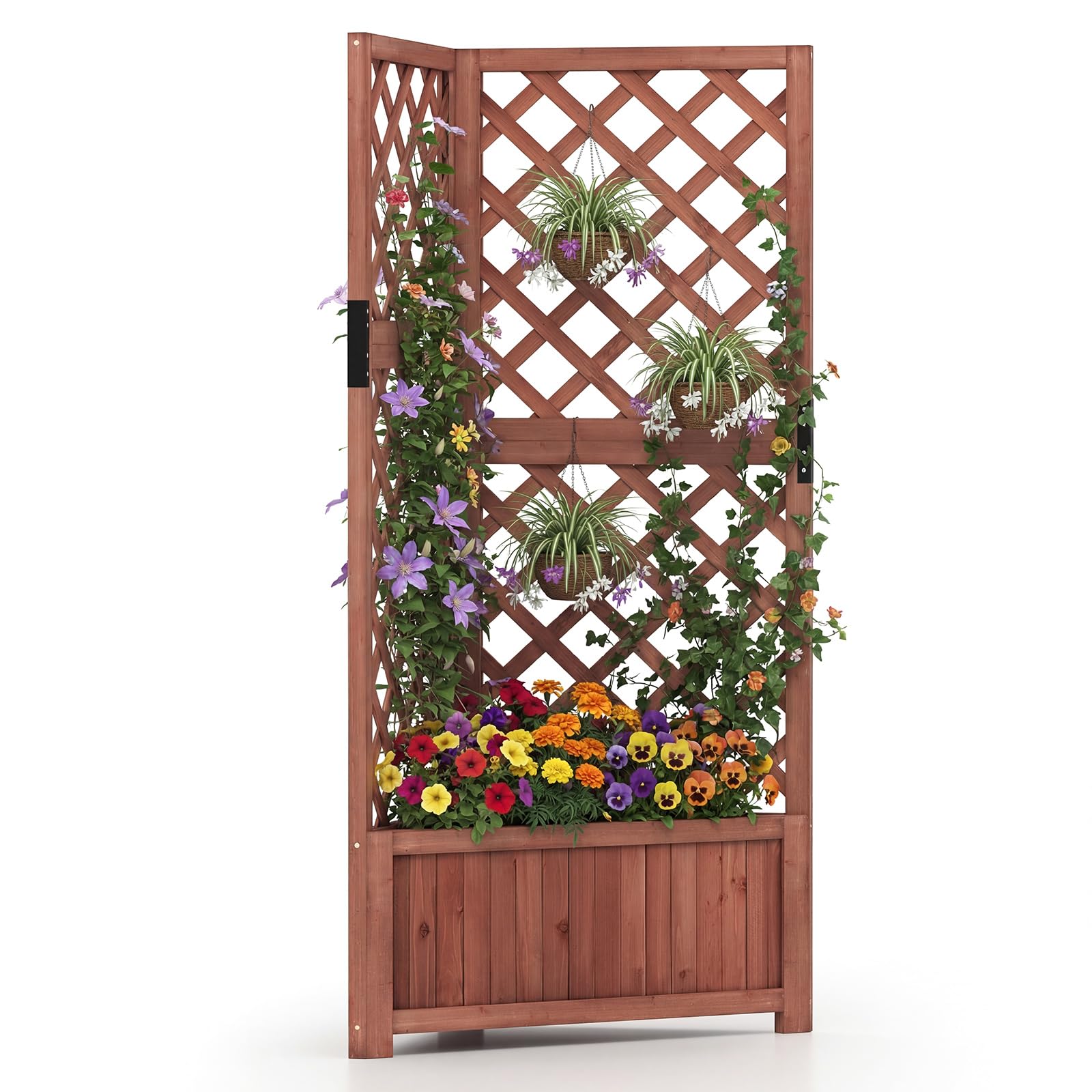 GOPLUS Jardineras con Enrejado Angular de Madera, Cama Elevada de Jardín, Orificios de Drenaje, para Flores Verduras Plantas Trepadoras, Macetero Exterior para Patio Jardín, 55 x 55 x 140 cm (Marrón)