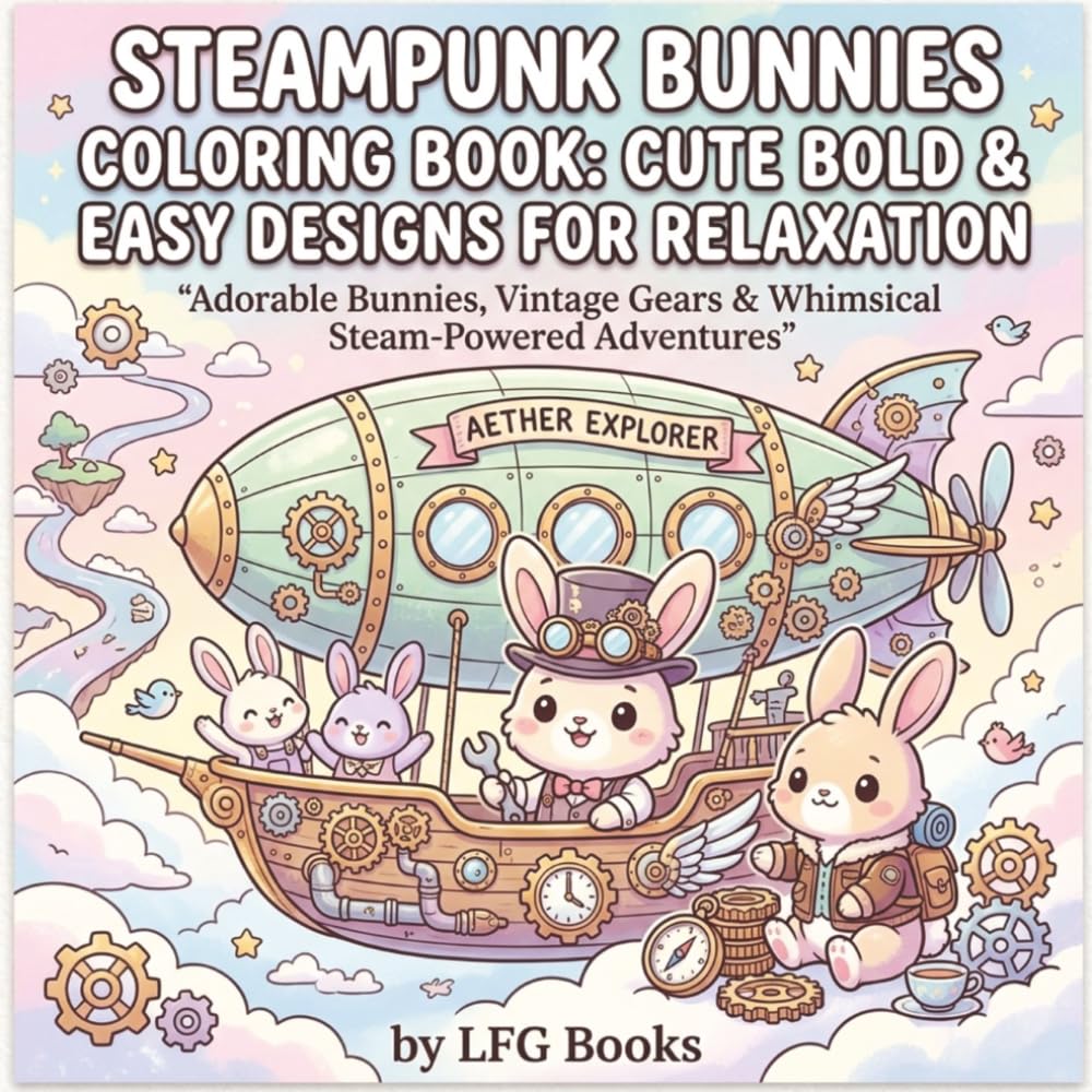 Steampunk Bunnies Coloring Book: Cute Bold & Easy Designs for Relaxation: Adorable Bunnies, Vintage Gears & Whimsical Steam-Powered Adventures