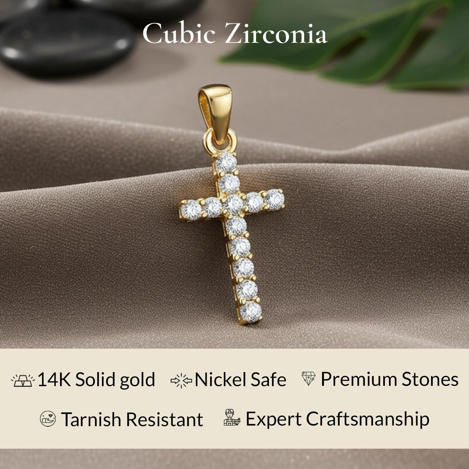 Everyday Elegance 14K Solid Gold Cross | Pave Round Cut Cubic Zirconia Pendant Necklace | 15mm Long, .30 CTW | 16 Inch or 18 Inch Chain | With Gift Box