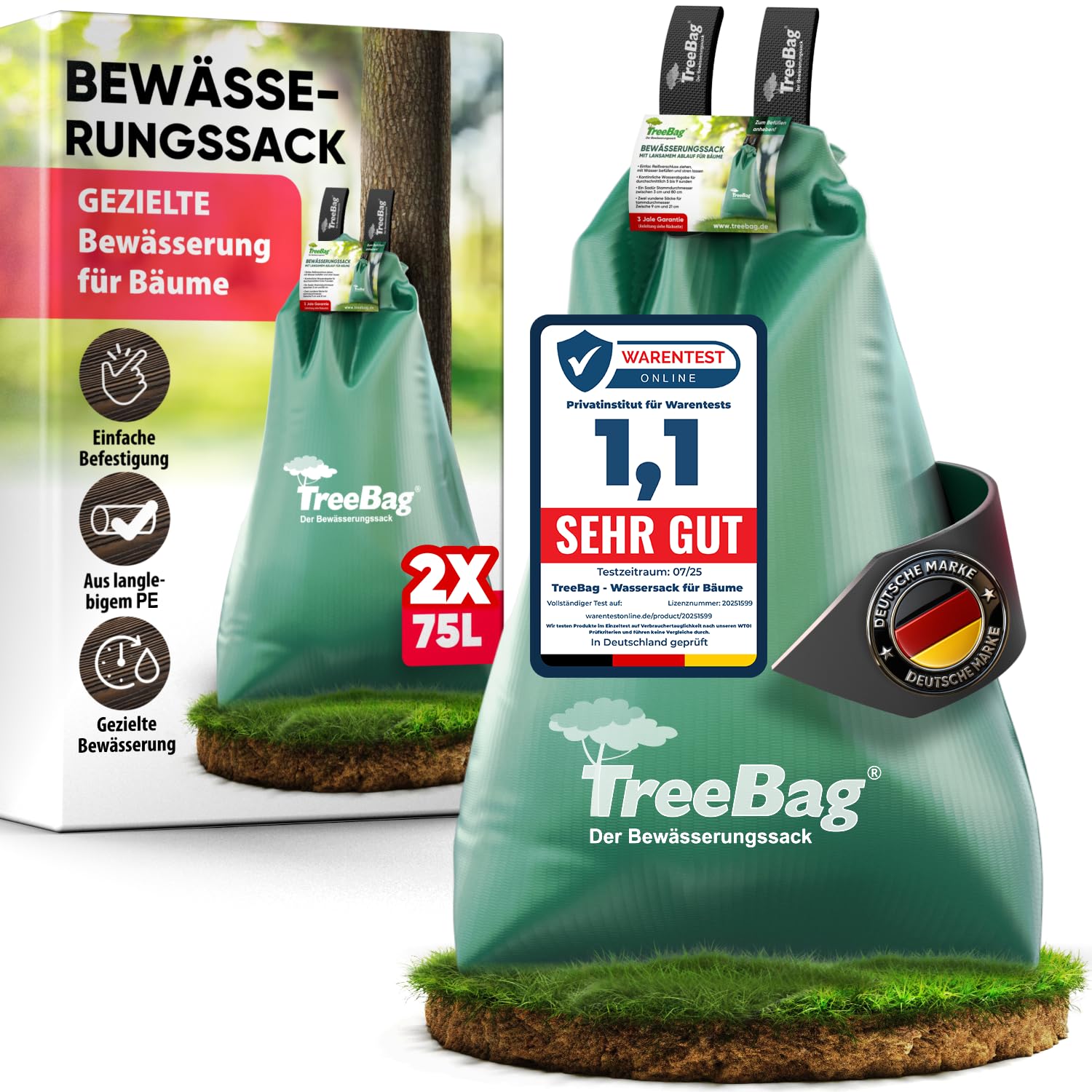 Wassersack für Bäume 2 x 75L – UV-stabiler Baumbewässerungssack aus PE – Effektiver Bewässerungssack Baum für Garten & Stadtgrün