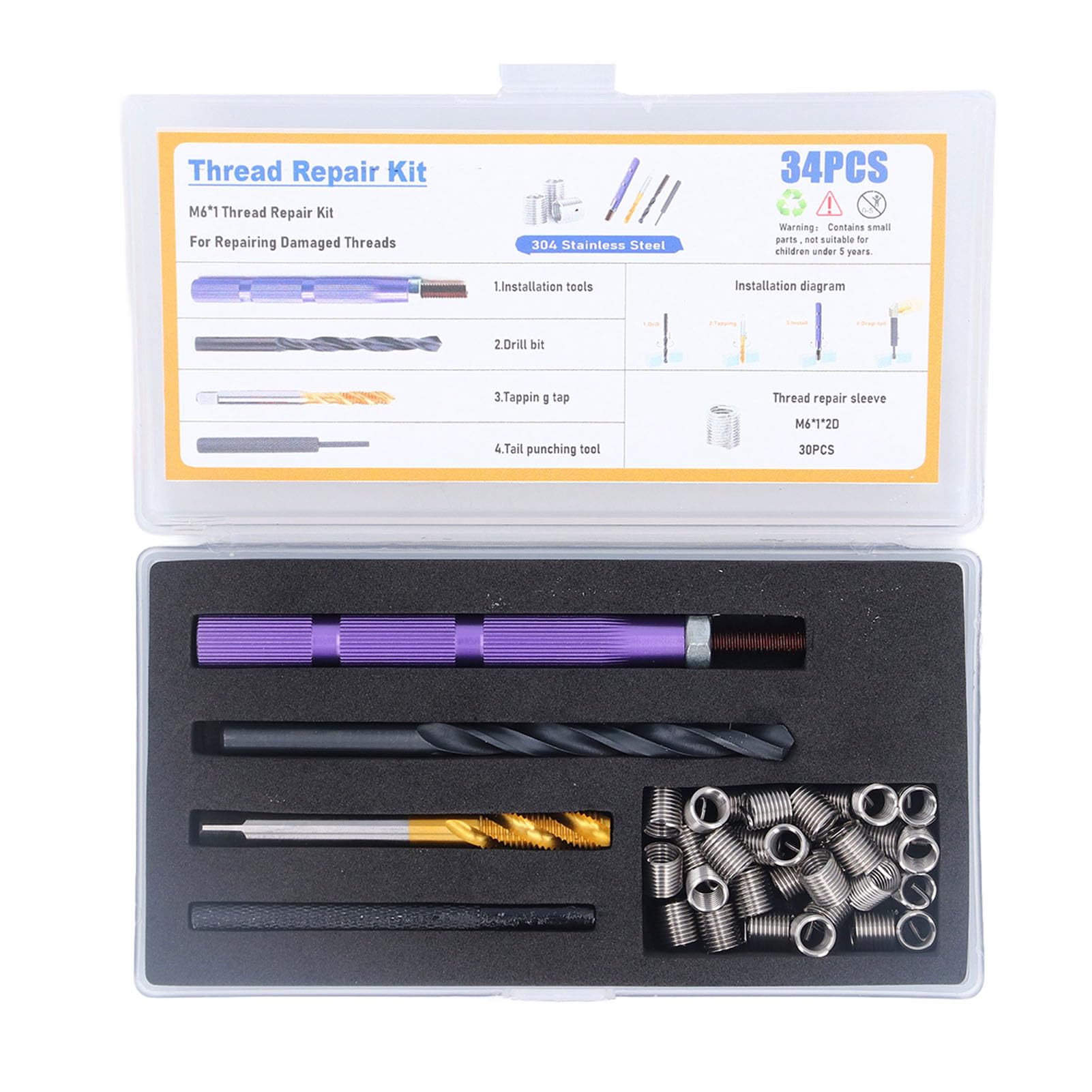 Kit de réparation de filetage métrique 34 pièces en acier inoxydable pour pas de vis foirés