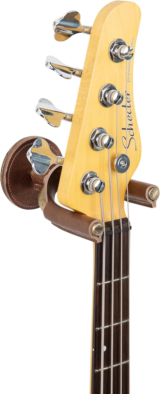 Levy's Leathers Forged Steel Guitar Hanger, Brass Metal with Brown Veg-Tan Leather Yoke Wraps (LVY-FGHNGR-BRBN)