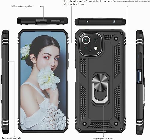 LeYi Cover per Xiaomi 11 Lite 5G NE/Xiaomi Mi 11 Lite 5G/4G con [2 Vetro Temperato], anello di supporto militare anti-caduta rinforzato difesa antiurto TPU morbida e PC rigida protezione custodia nera - 2