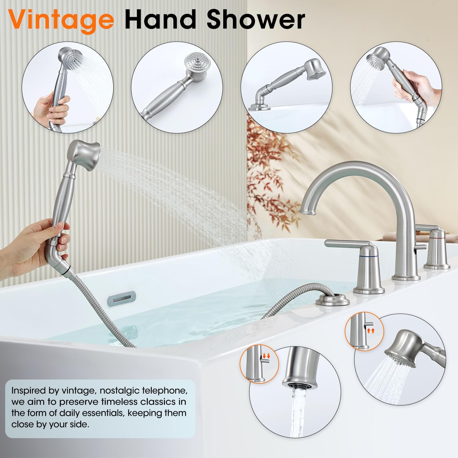 Tub Faucet Set, Roman Bathtub Faucet Set with Valve and Diverter Brass Vintage Bath Faucet for Tub Widespread 4 Hole 2 Handle Classic Gooseneck High Flow Tub Filler with Sprayer Brushed Nickel