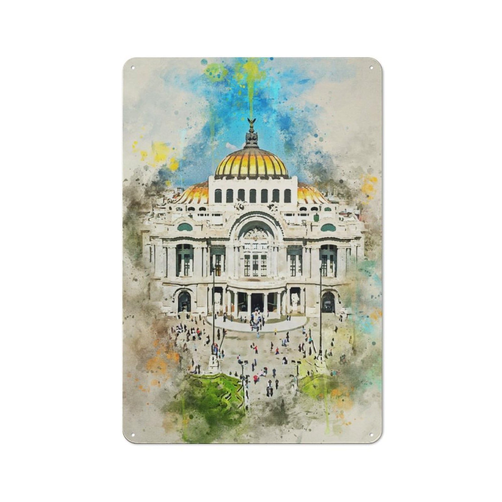 Junmoney Mexico City Watercolor Tin Wall Plaque With Design 30X20cm, Country Vintage Cottage Wall Art For Kitchen, Cottage, Porch Or Garden Room