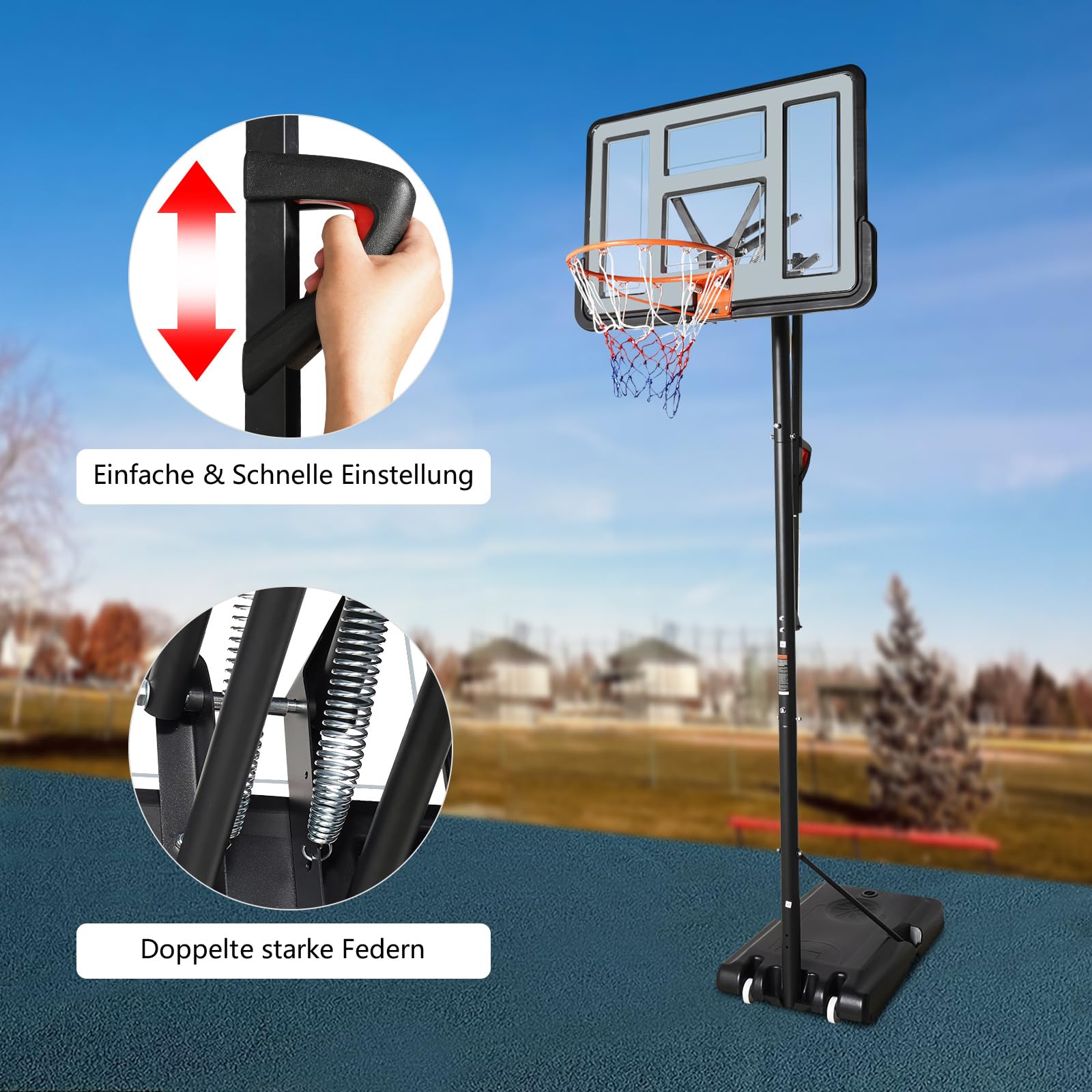 Canasta de baloncesto al aire libre, altura ajustable, soporte para canasta de baloncesto para exteriores, 1,7 – 3,05 m, cesta móvil con ruedas, base estable rellenable, para jardín, patio, parque