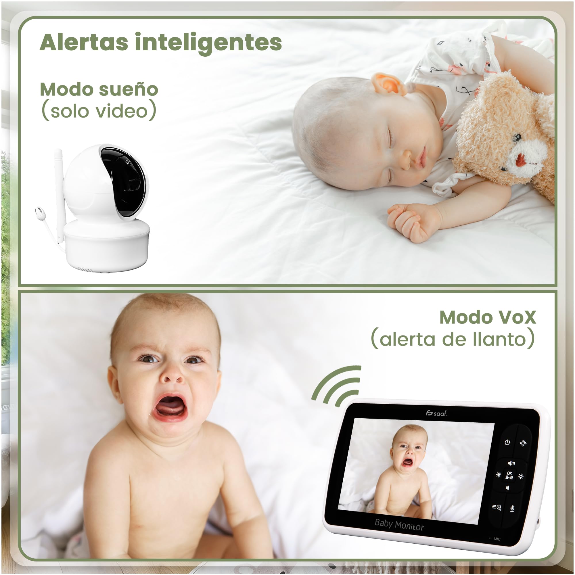 saaf Monitor de Bebé con Cámara y Pantalla de 5” – Cámara Giratoria y Orientable con Función Zoom – Función Hablar y Visión Nocturna – Brillo Ajustable – Soporte Flexible Incluido