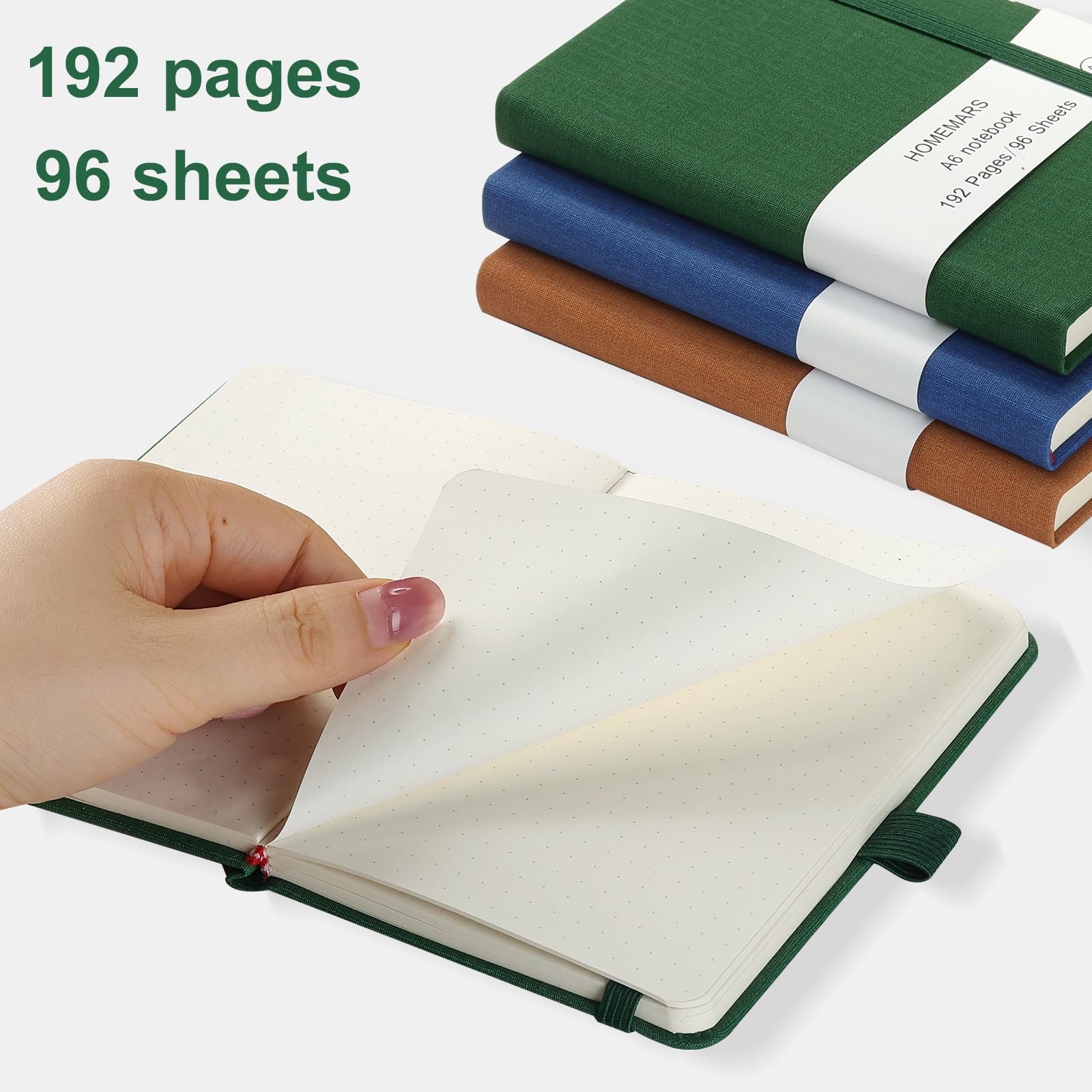 HOMEMARS Notatniki A6, Zielony Niebieski Brązowy, Notebook, Notatnik z kropkami Bullet Journal, mały notatnik 14,4 cm x 9,6 cm, notatnik kieszonkowy, dziennik podróżny, opakowanie 3 szt