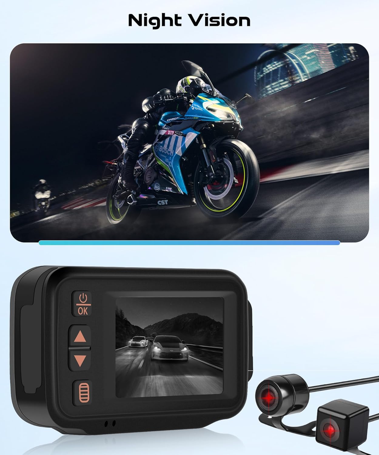 Motorcycle Dash Cam Front and Rear, 1080P+720P Motorcycle Camera, IP67 Waterproof, Wired Control, IR Night Vision, Wide Angle, Dash Camera Wired Remote, G-Sensor, 32GB TF Card