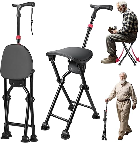 ALEVMOOM Walking Stick with Seat, Capacity 320lbs Foldable Stick Seats for Adults, Adjustable Height 79-91cm Portable Chair for Seniors