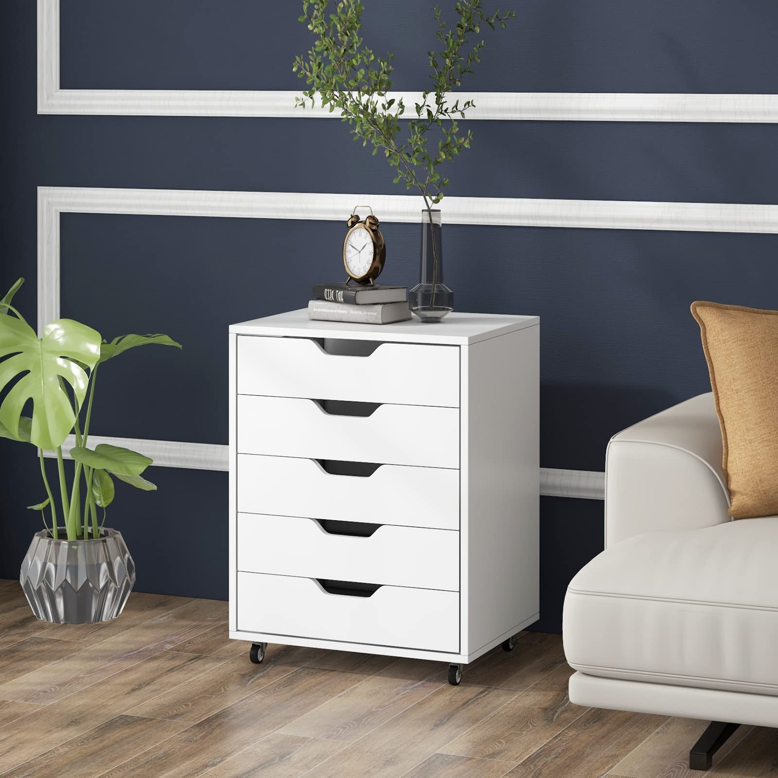 COSTWAY Rollcontainer mit 5 Schubladen, mobiler Aktenschrank mit Rädern, Bürocontainer Schubladenschrank Rollschrank Rollwagen, Schubladenkommode für Zuhause Büro (Weiß)