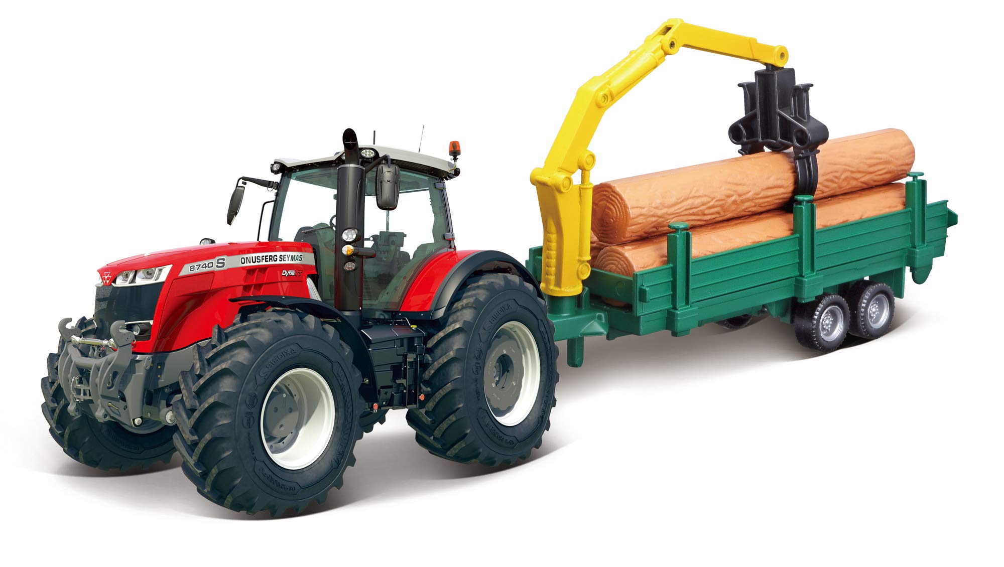 Bburago B18-31659 Massey FERGUSSON 8740S traktor z przyczepą na drewno 10 cm, czerwony