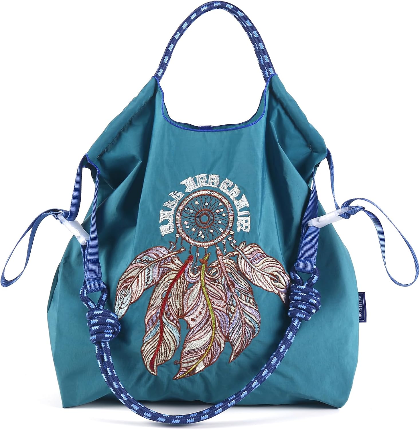 Ball&Chain Embroidery Initial Nylon Tote Bag,Personalized Present Suitable for Travel,Beach,is a Great Gift Women, Mom Large Blue