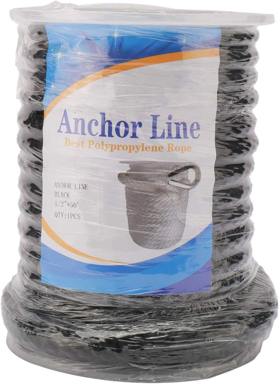 NovelBee 1/2" x 50' Premium Solid Braid MFP Anchor Line,Best Polypropylene Rope with Stainless Steel Thimble (Black)
