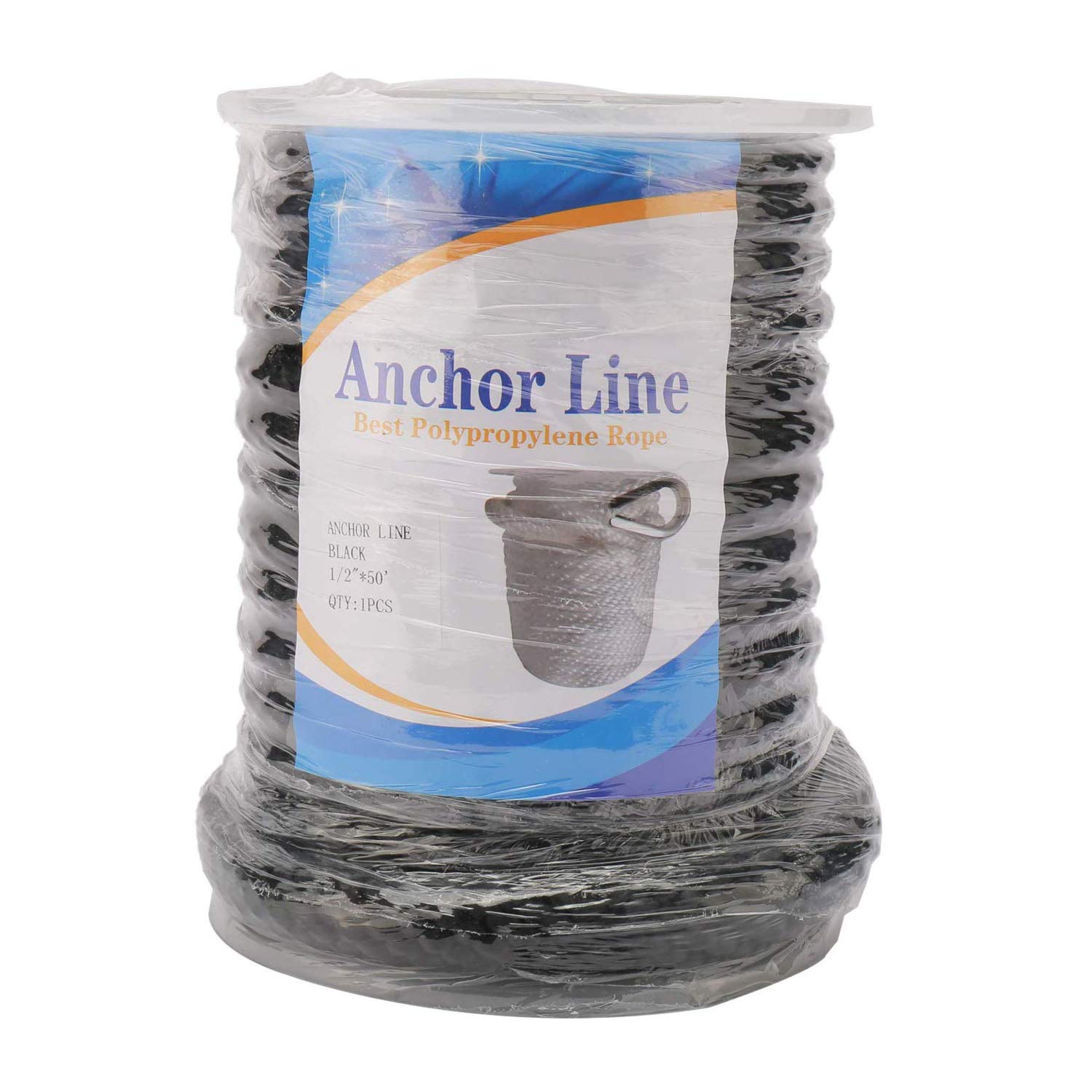 NovelBee Ligne d'ancrage multifonction tressée solide de qualité supérieure, meilleure corde en polypropylène avec dé à coudre en acier inoxydable 1/2" x 50', noir
