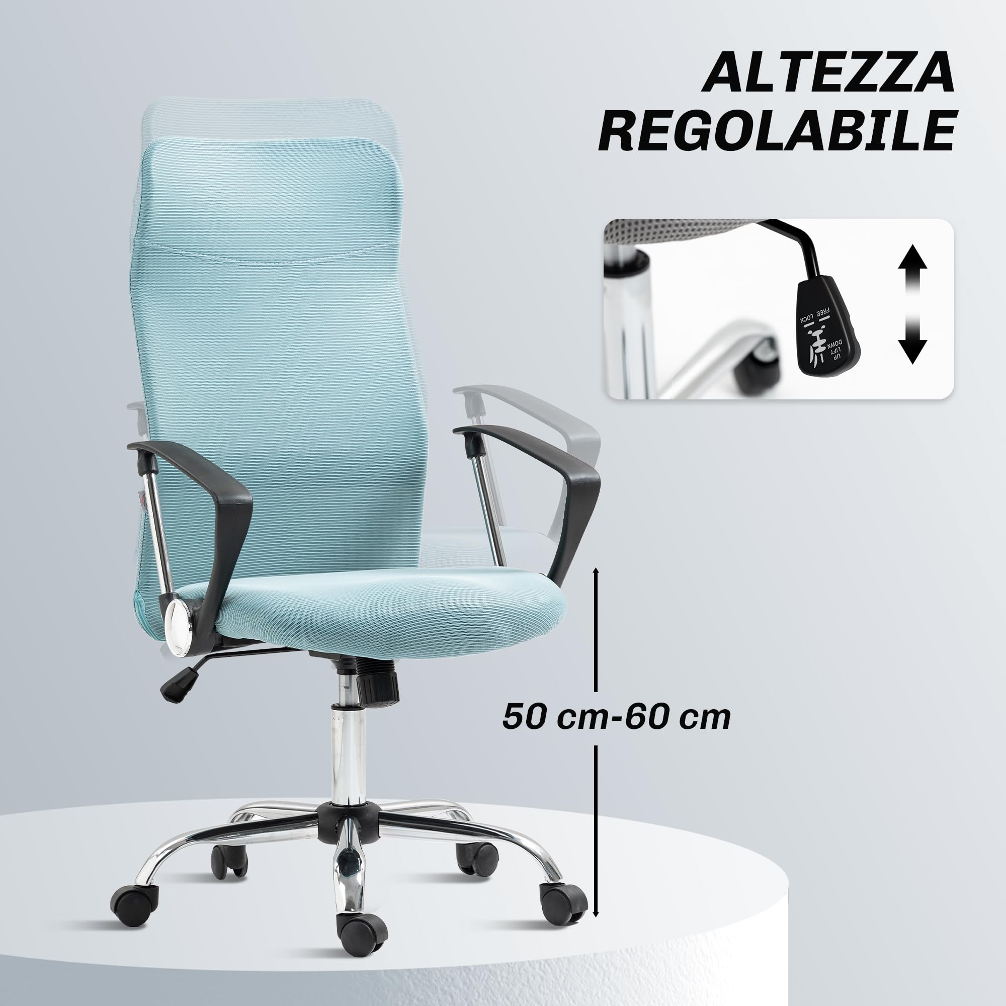 HOMCOM Sedia Ergonomica da Ufficio Girevole e Dondolo con Ruote, Altezza Regolabile e Schienale a Rete, 63x65x109-119 cm, Verde Chiaro