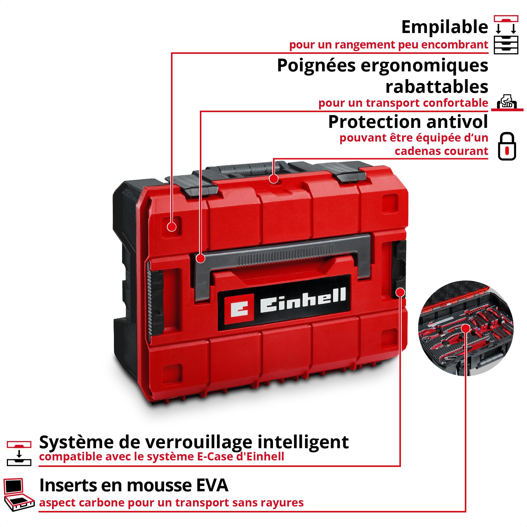 Original Einhell E-Case coffret à outils 121 pièces automobile (pro automobile, jeu de douilles, douilles porte-embouts, embouts impact, douilles bougie, cliquets réversibles, coffret système)