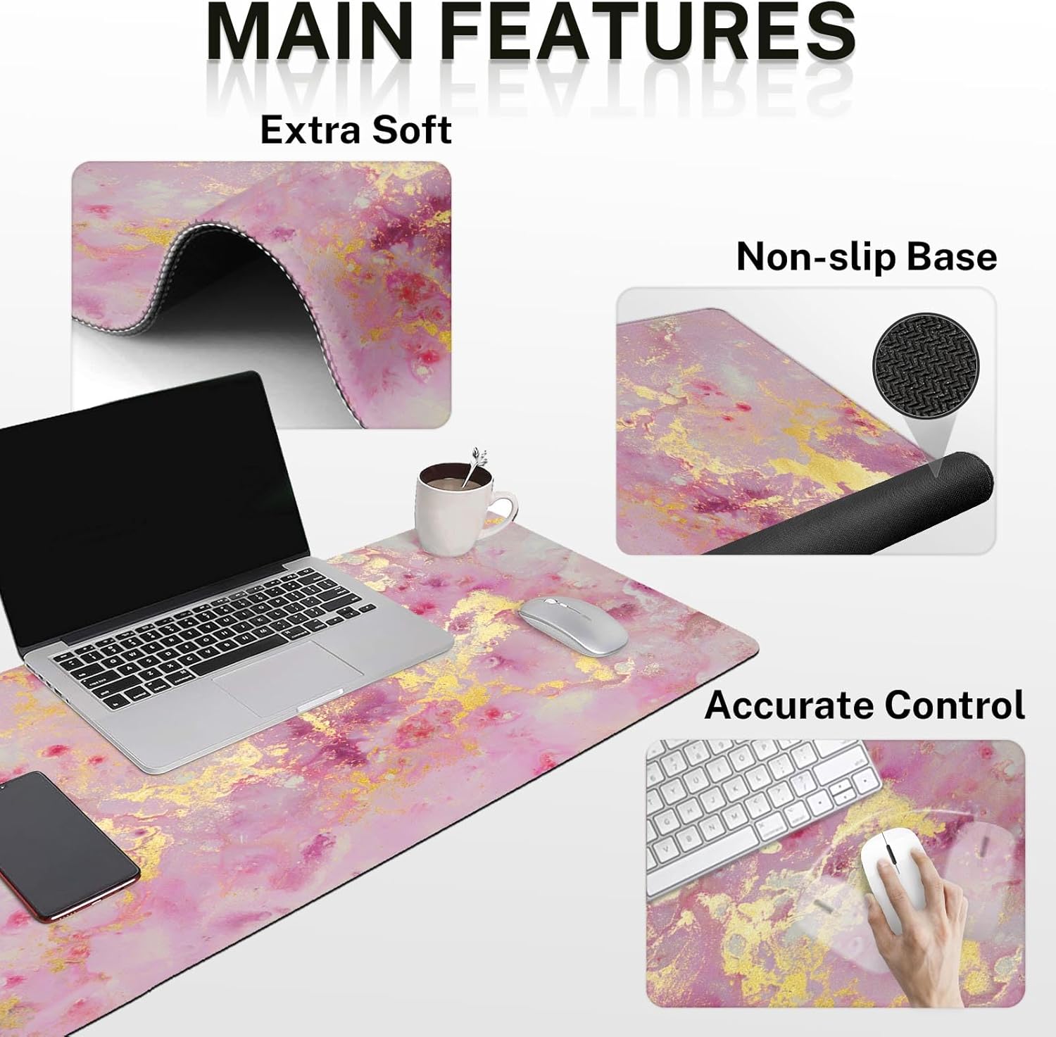 Britimes Pink Gold Liquid Marbling Keyboard Mouse Pad Set 4in1 Large Mousepad+Keyboard Wrist Rest+Mouse Wrist Rest+Coaster Set with Ergonomic Design for Home Office Computer 35.4x15.7 inches - Image 7